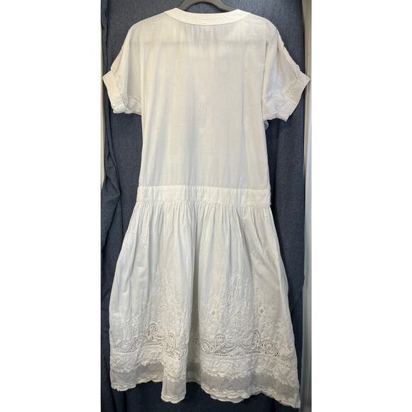 Womens White L/XL Short Sleeves Embroidery Tie Waist Prairie/BOHO Dress FLAWS - Picture 2 of 9